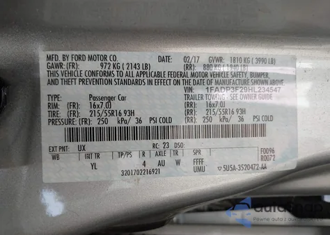 2017 Ford Focus Se z USA, uszkodzony, nr VIN 1FADP3F29HL234547